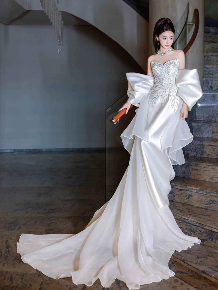 Superb Strapless Mermaid Wedding Dress With Tulle Train Sequins Bridal Dress AP6967
