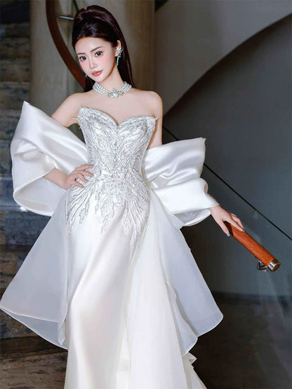 Superb Strapless Mermaid Wedding Dress With Tulle Train Sequins Bridal Dress AP6967