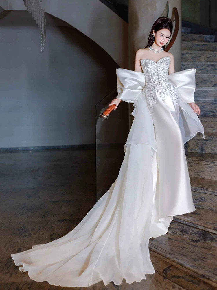Superb Strapless Mermaid Wedding Dress With Tulle Train Sequins Bridal Dress AP6967