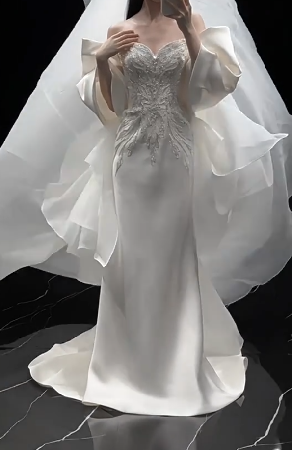 Superb Strapless Mermaid Wedding Dress With Tulle Train Sequins Bridal Dress AP6967