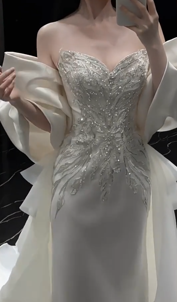 Superb Strapless Mermaid Wedding Dress With Tulle Train Sequins Bridal Dress AP6967