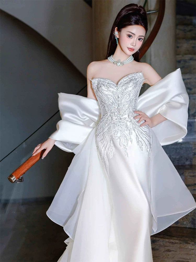 Superb Strapless Mermaid Wedding Dress With Tulle Train Sequins Bridal Dress AP6967