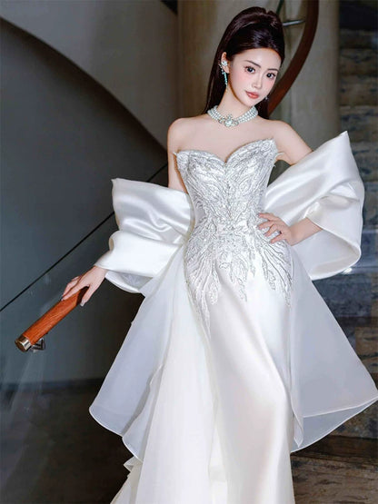 Superb Strapless Mermaid Wedding Dress With Tulle Train Sequins Bridal Dress AP6967
