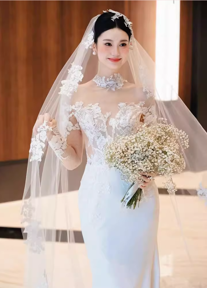 Wonderful Illusion Neck Long Sleeve Wedding Dress With Veil Lace Mermaid Bridal Dress AP6968