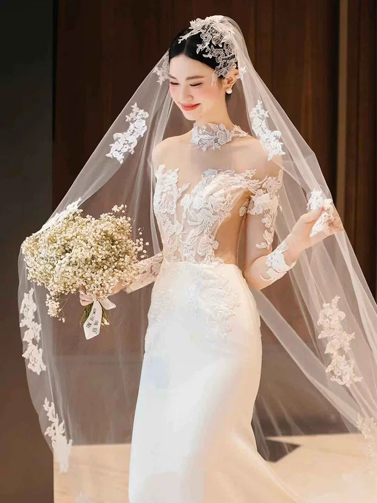 Wonderful Illusion Neck Long Sleeve Wedding Dress With Veil Lace Mermaid Bridal Dress AP6968