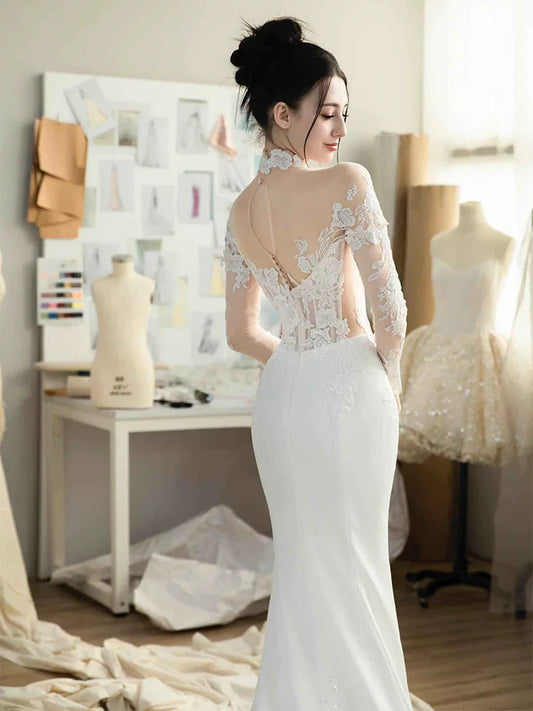 Wonderful Illusion Neck Long Sleeve Wedding Dress With Veil Lace Mermaid Bridal Dress AP6968