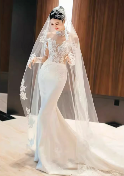 Wonderful Illusion Neck Long Sleeve Wedding Dress With Veil Lace Mermaid Bridal Dress AP6968