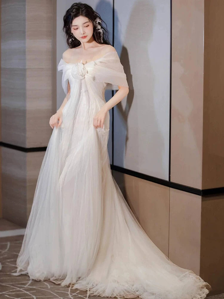 Amazing Off-Shoulder A-Line Wedding Dress Tulle Appliques Bridal Dress AP6969