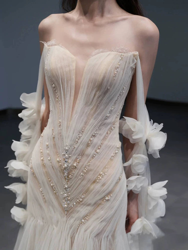 Appealing Appliques Off-Shoulder Tulle Wedding Dress  Beads Sequins Mermaid Bridal Dress AP6970