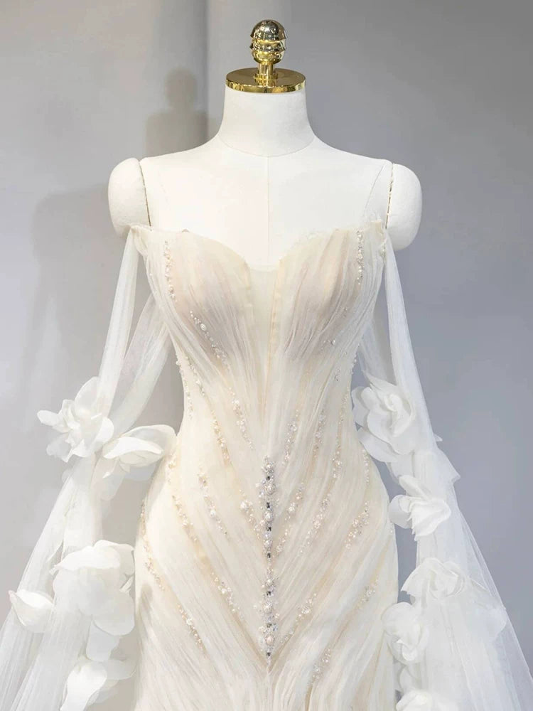 Appealing Appliques Off-Shoulder Tulle Wedding Dress  Beads Sequins Mermaid Bridal Dress AP6970