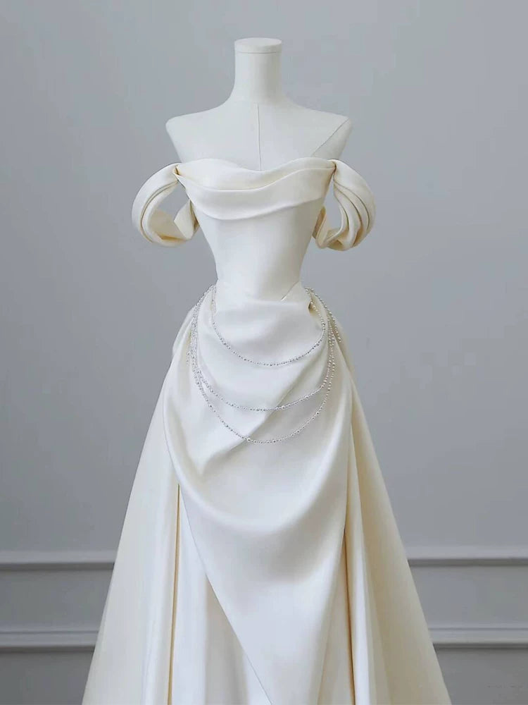 Splendid Off-Shoulder A-Line Wedding Dress Beading Satin Bridal Dress AP6972