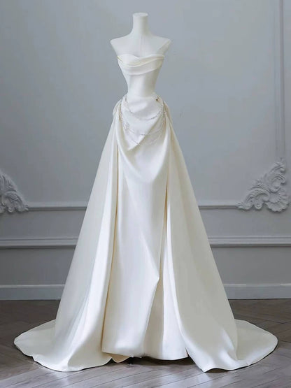 Splendid Off-Shoulder A-Line Wedding Dress Beading Satin Bridal Dress AP6972