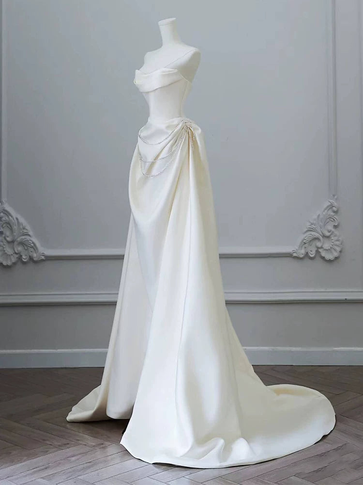 Splendid Off-Shoulder A-Line Wedding Dress Beading Satin Bridal Dress AP6972