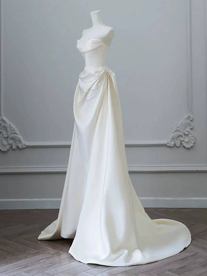 Splendid Off-Shoulder A-Line Wedding Dress Beading Satin Bridal Dress AP6972