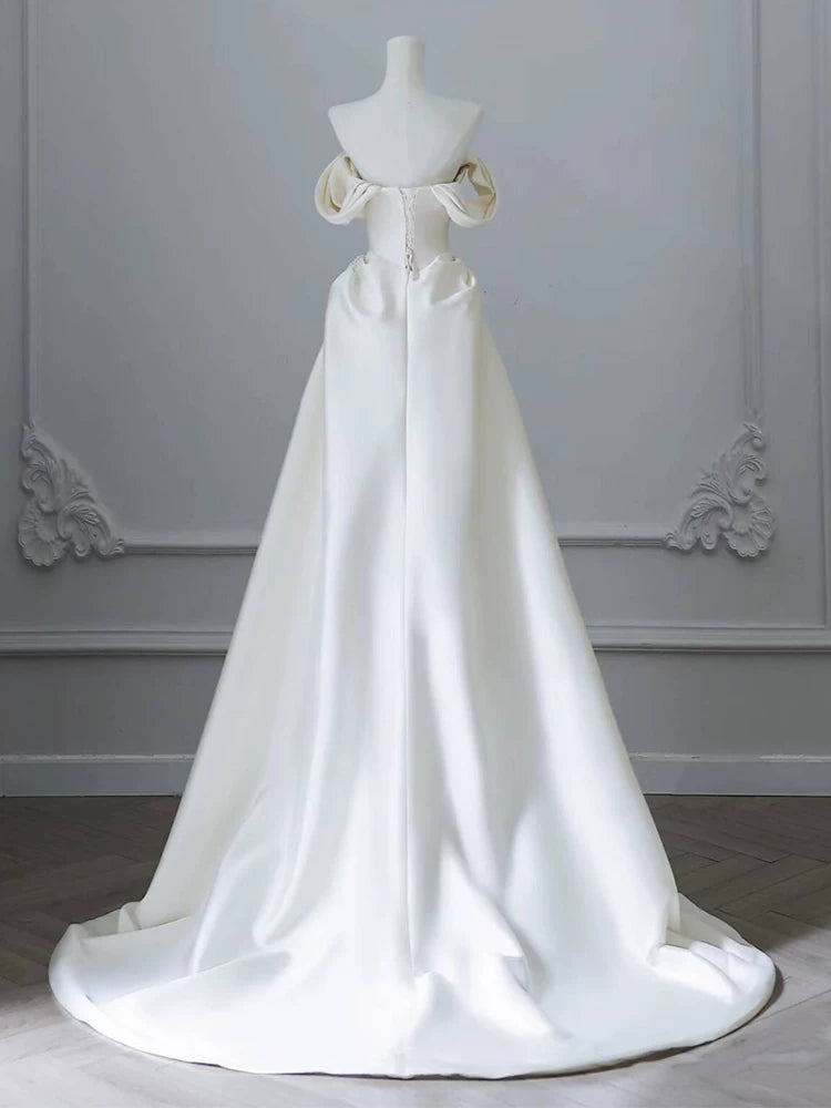 Splendid Off-Shoulder A-Line Wedding Dress Beading Satin Bridal Dress AP6972