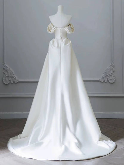 Splendid Off-Shoulder A-Line Wedding Dress Beading Satin Bridal Dress AP6972