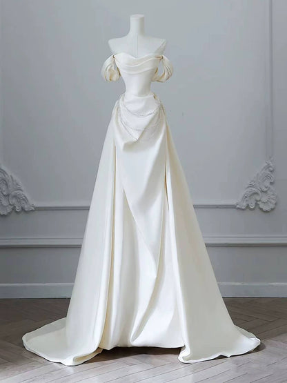 Splendid Off-Shoulder A-Line Wedding Dress Beading Satin Bridal Dress AP6972