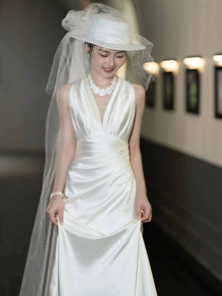 Shiny V Neck Wedding Dress Satin A-Line Bridal Dress AP6974