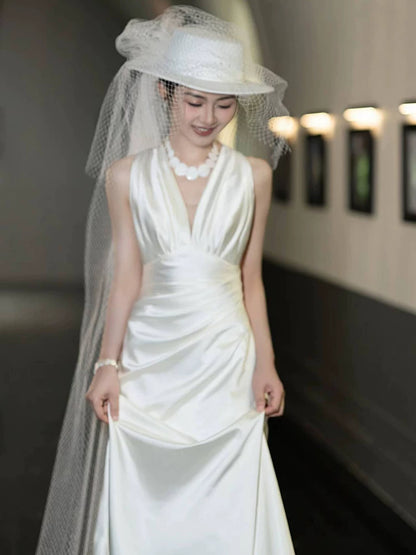 Shiny V Neck Wedding Dress Satin A-Line Bridal Dress AP6974