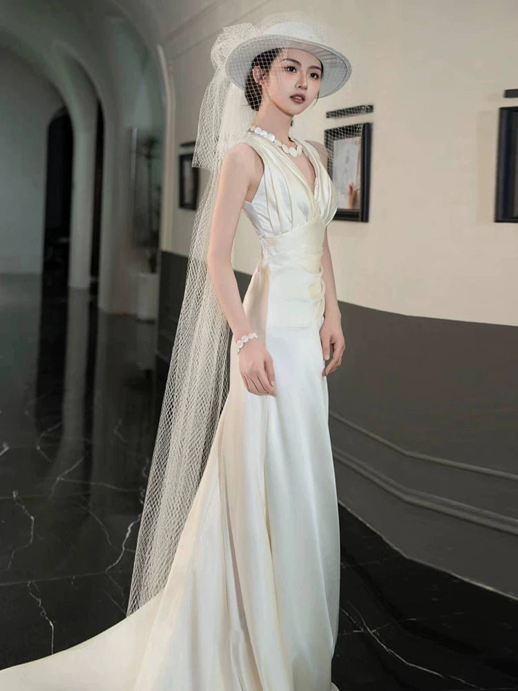 Shiny V Neck Wedding Dress Satin A-Line Bridal Dress AP6974