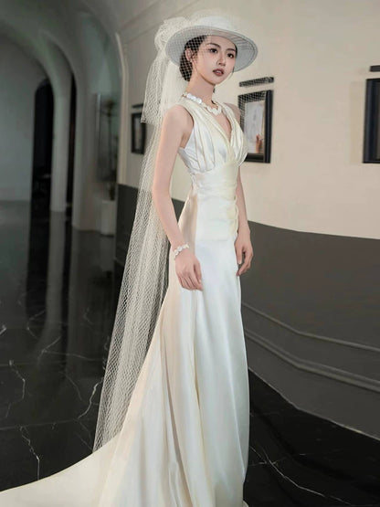 Shiny V Neck Wedding Dress Satin A-Line Bridal Dress AP6974
