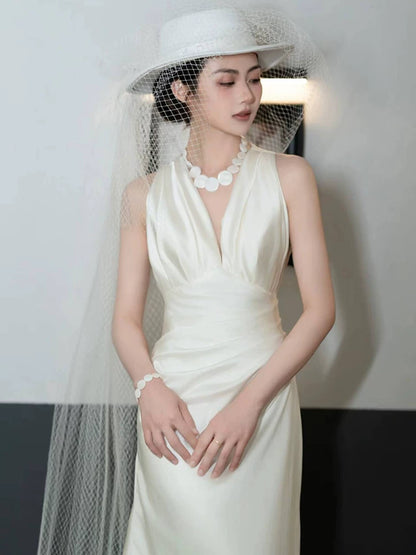 Shiny V Neck Wedding Dress Satin A-Line Bridal Dress AP6974