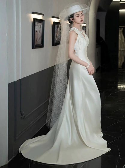 Shiny V Neck Wedding Dress Satin A-Line Bridal Dress AP6974
