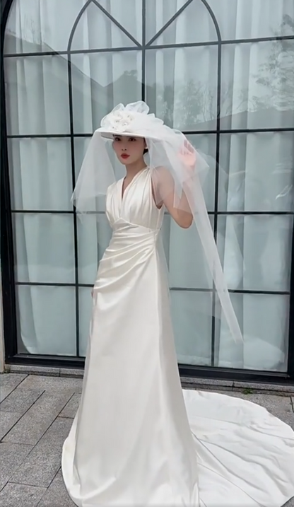 Shiny V Neck Wedding Dress Satin A-Line Bridal Dress AP6974