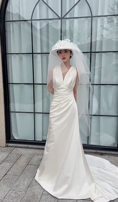 Shiny V Neck Wedding Dress Satin A-Line Bridal Dress AP6974