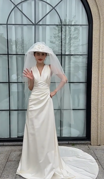 Shiny V Neck Wedding Dress Satin A-Line Bridal Dress AP6974