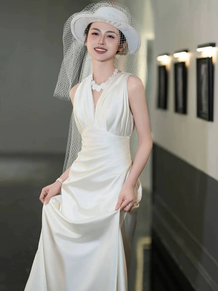 Shiny V Neck Wedding Dress Satin A-Line Bridal Dress AP6974