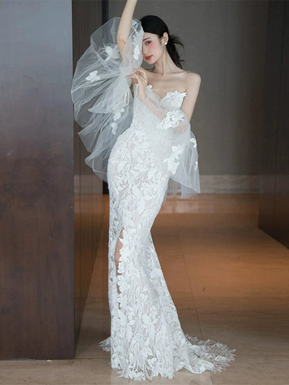Avant-Garde Strapless Mermaid Wedding Dress With Shawl Lace Bridal Dress AP6975