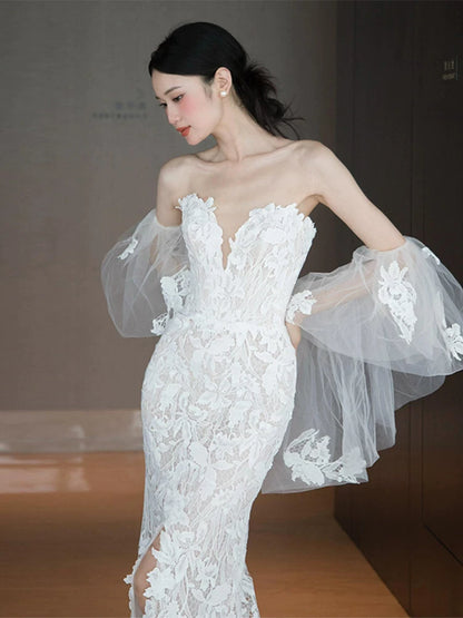 Avant-Garde Strapless Mermaid Wedding Dress With Shawl Lace Bridal Dress AP6975