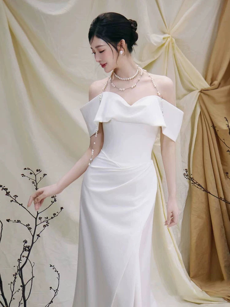 Eye-Catching Mermaid Wedding Dress Off-Shoulder Slit Satin Bridal Dress AP6976