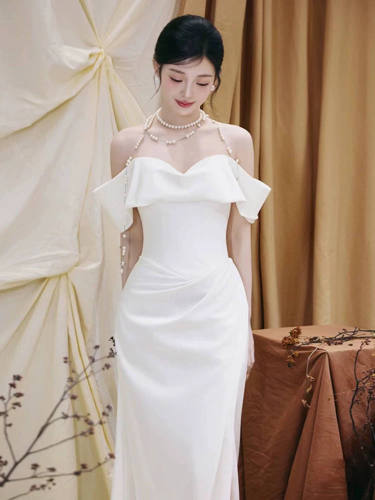 Eye-Catching Mermaid Wedding Dress Off-Shoulder Slit Satin Bridal Dress AP6976