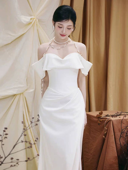 Eye-Catching Mermaid Wedding Dress Off-Shoulder Slit Satin Bridal Dress AP6976
