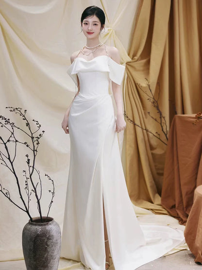 Eye-Catching Mermaid Wedding Dress Off-Shoulder Slit Satin Bridal Dress AP6976