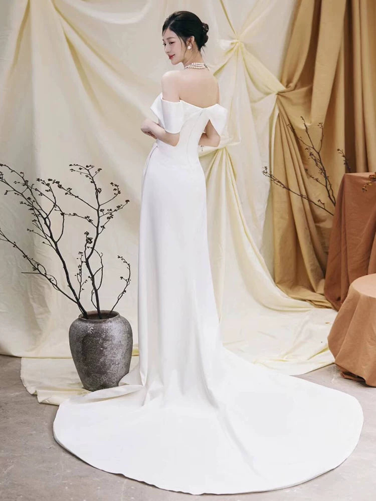 Eye-Catching Mermaid Wedding Dress Off-Shoulder Slit Satin Bridal Dress AP6976