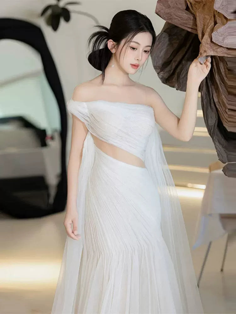 Fresh Cutout Mermaid Wedding Dress One Shoulder Backless Tulle Bridal Dress AP6977