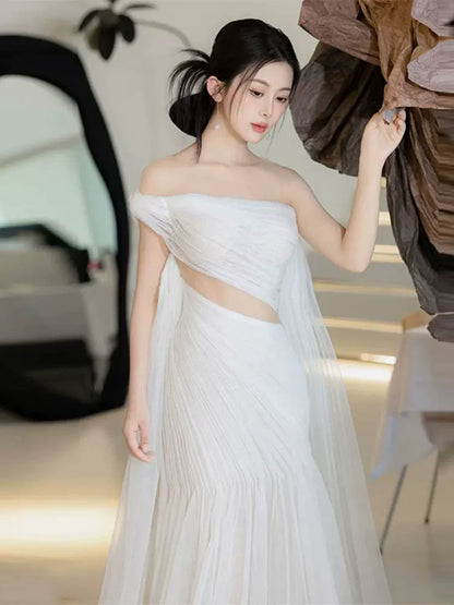 Fresh Cutout Mermaid Wedding Dress One Shoulder Backless Tulle Bridal Dress AP6977