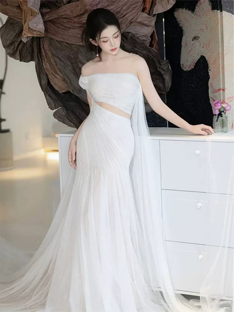 Fresh Cutout Mermaid Wedding Dress One Shoulder Backless Tulle Bridal Dress AP6977