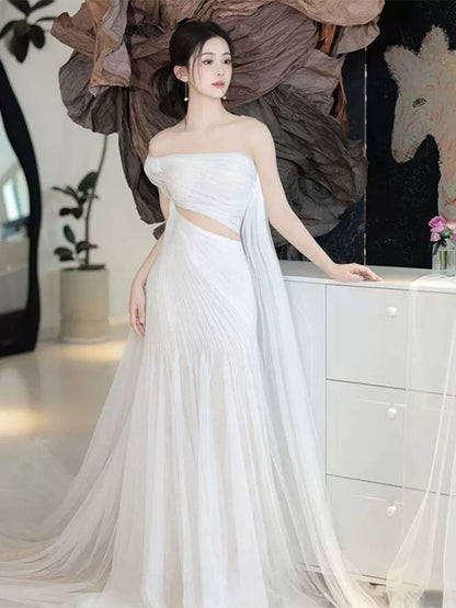 Fresh Cutout Mermaid Wedding Dress One Shoulder Backless Tulle Bridal Dress AP6977