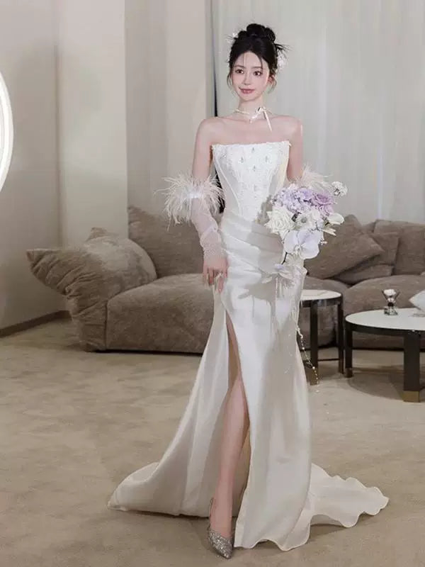 Dainty Strapless Mermaid Wedding Dress Feather Sleeves Beads Appliques Bodice Slit Satin Bridal Dress AP6979