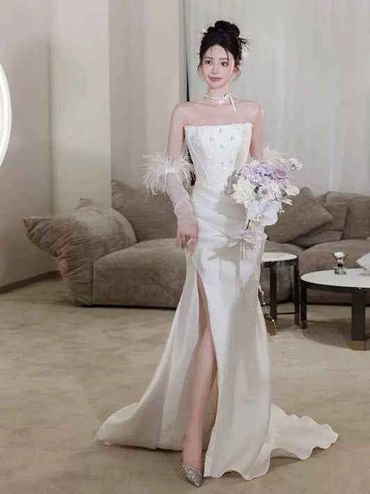 Dainty Strapless Mermaid Wedding Dress Feather Sleeves Beads Appliques Bodice Slit Satin Bridal Dress AP6979