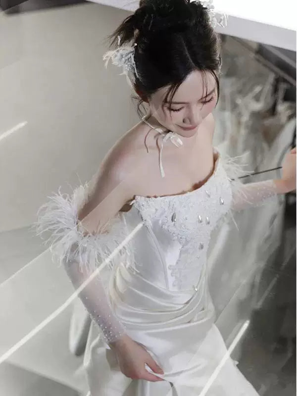 Dainty Strapless Mermaid Wedding Dress Feather Sleeves Beads Appliques Bodice Slit Satin Bridal Dress AP6979