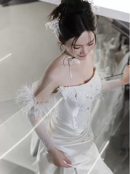 Dainty Strapless Mermaid Wedding Dress Feather Sleeves Beads Appliques Bodice Slit Satin Bridal Dress AP6979