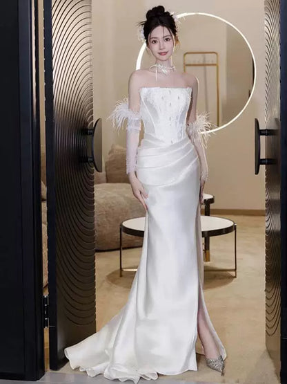 Dainty Strapless Mermaid Wedding Dress Feather Sleeves Beads Appliques Bodice Slit Satin Bridal Dress AP6979