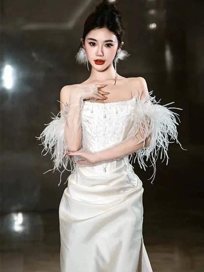 Dainty Strapless Mermaid Wedding Dress Feather Sleeves Beads Appliques Bodice Slit Satin Bridal Dress AP6979