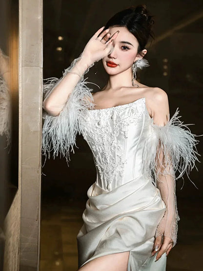 Dainty Strapless Mermaid Wedding Dress Feather Sleeves Beads Appliques Bodice Slit Satin Bridal Dress AP6979