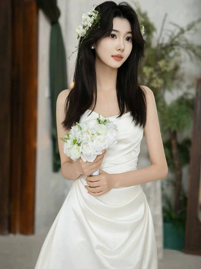 Cozy A-Line Strapless Wedding Dress Ideas Pleated Satin Bridal Dress AP6980
